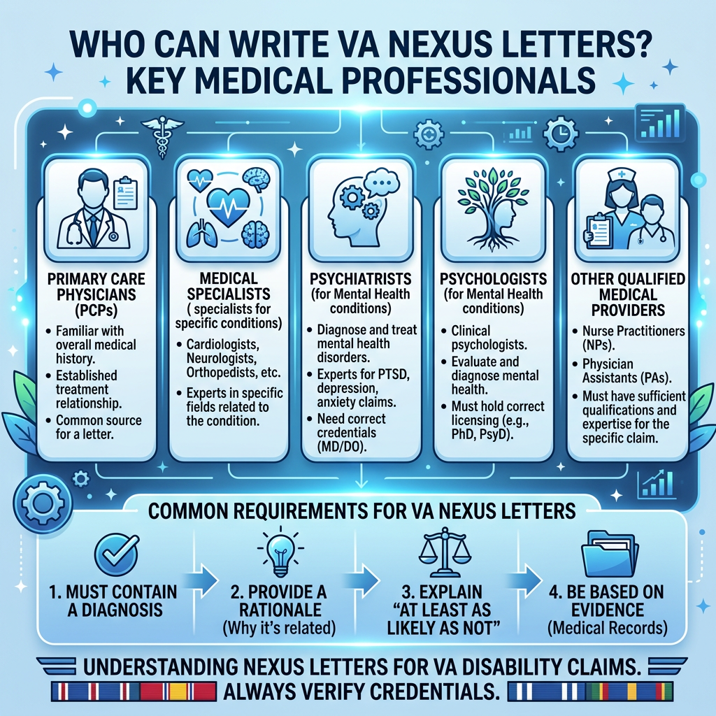 Key medical professionals authorized to write VA Nexus letters including primary care physicians, specialists, psychiatrists, psychologists, and other qualified providers with common letter requirements.